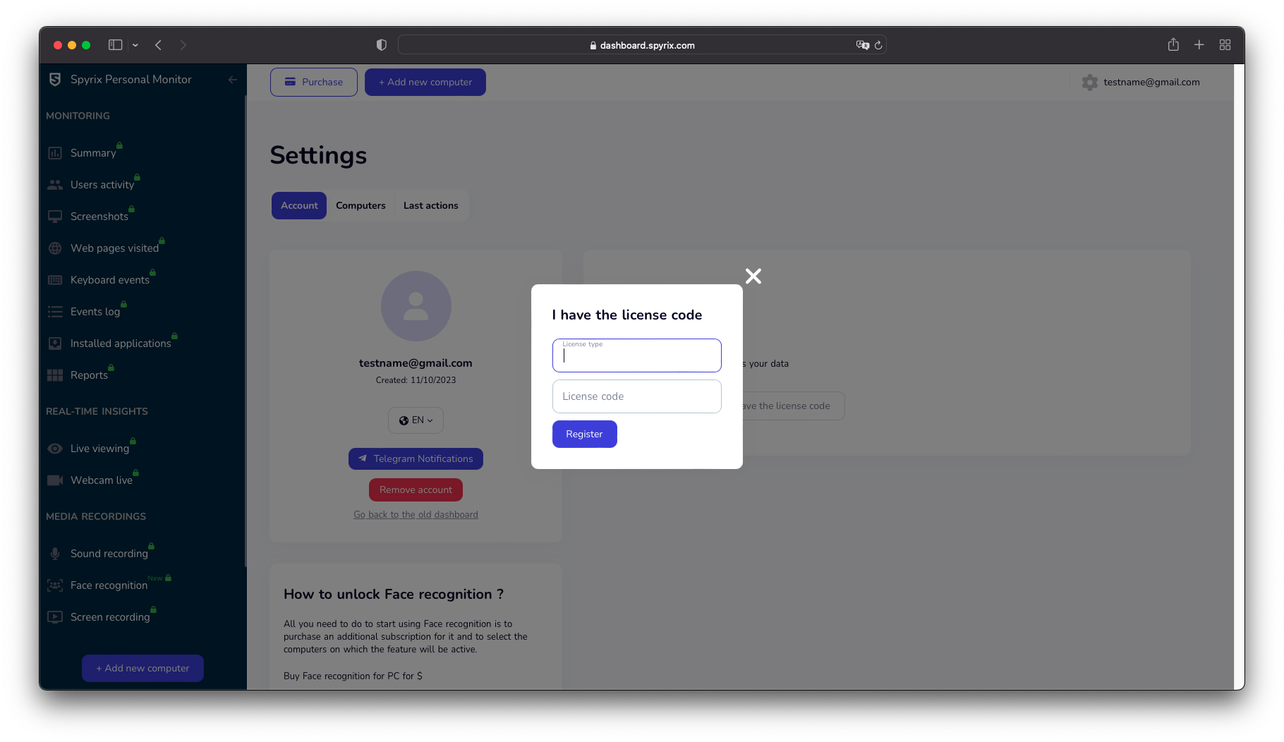 how to register the license on the dashboard